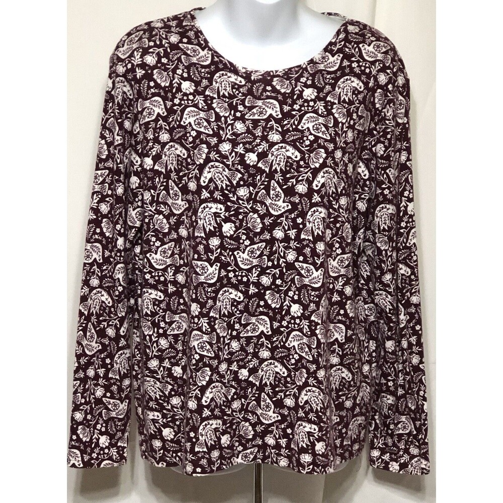 Croft & Barrow Jersey Top L Burgundy Floral Dove Birds LongSleeve Comfy Cottage